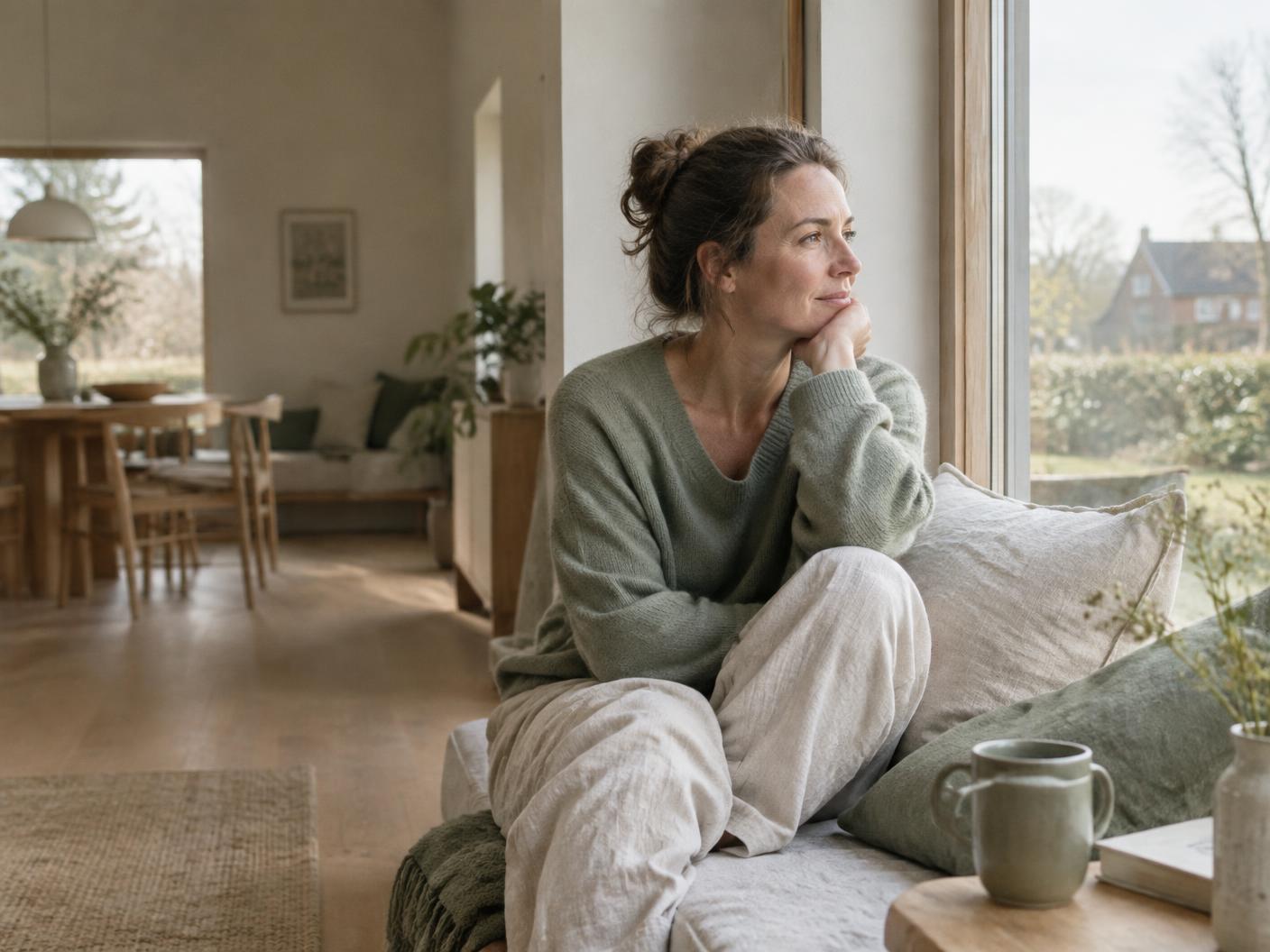 Een vrouw neemt rustig een moment voor zichzelf bij het raam