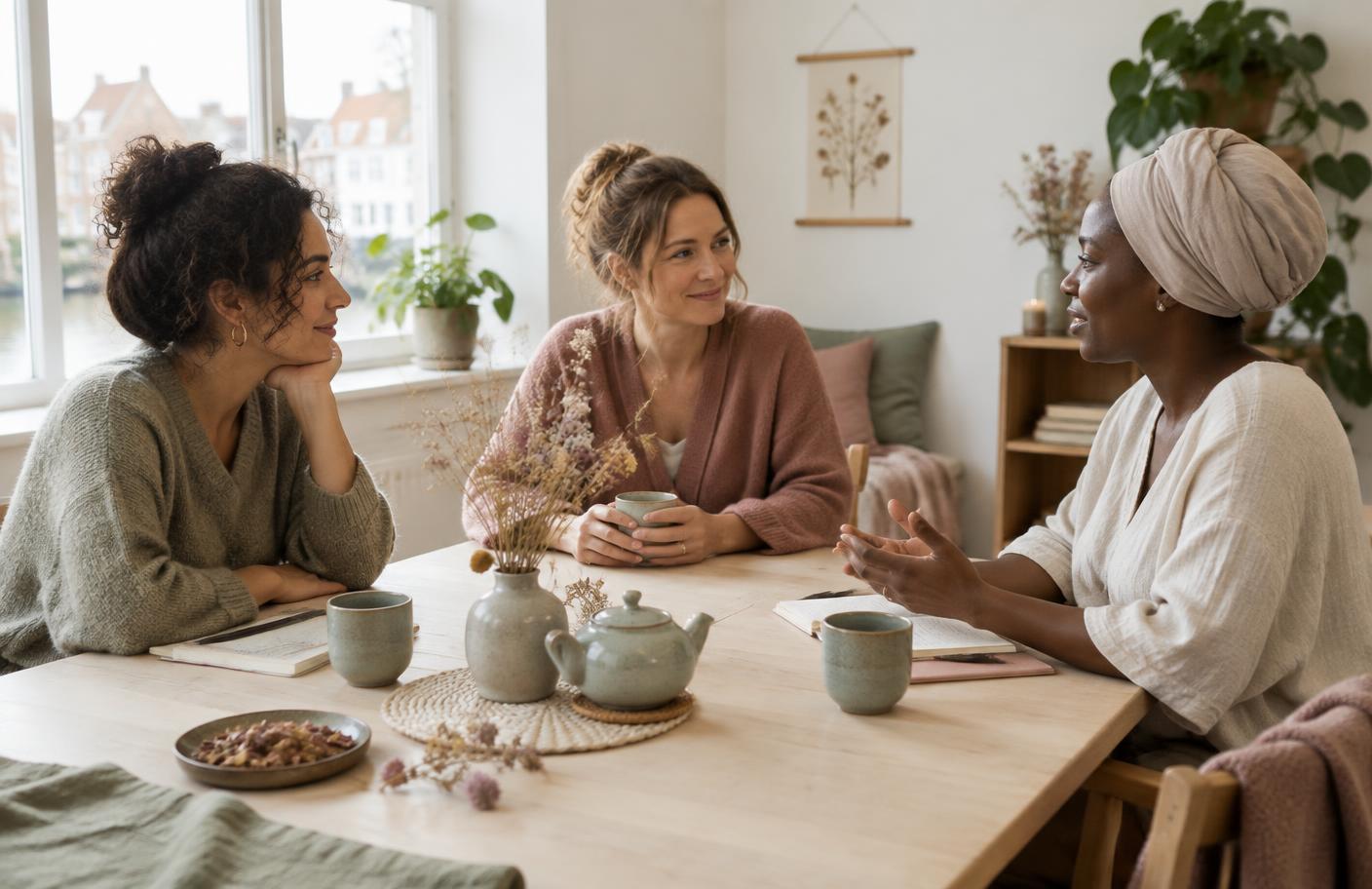 Drie vrouwen in gesprek tijdens een rustige workshop